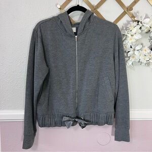Gray Zip-Up Hoodie with Silk Bow & Elastic Waistband Detail